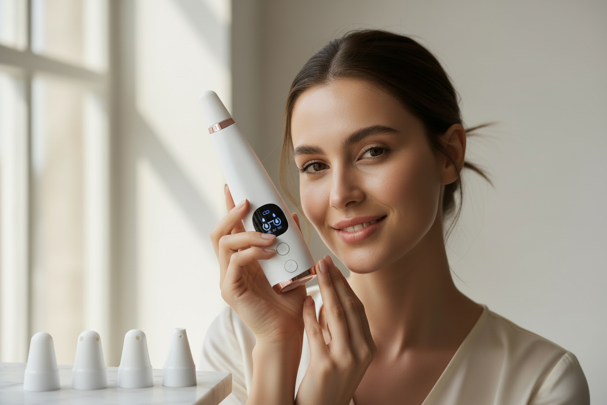 Woman with clear skin holding skincare device
